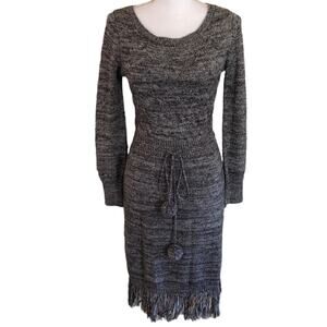 Alice + Olivia Size S Dorie Grey Marled Midi Sweater Dress Wool Cashmere Fringe